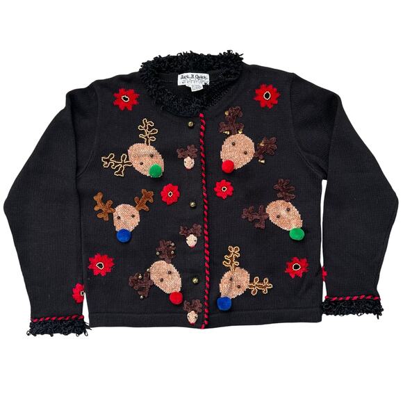 Jack B Quick Reindeer Ugly Christmas Sweater Cardigan Medium Grandmacore - Picture 1 of 5